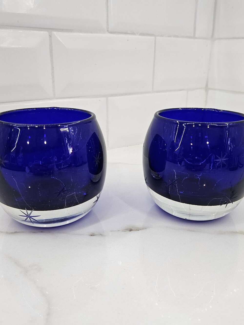 Cobalt Blue Art Glass  Etched Starburst Votive Holders Bubble Heavy Poland Set 2